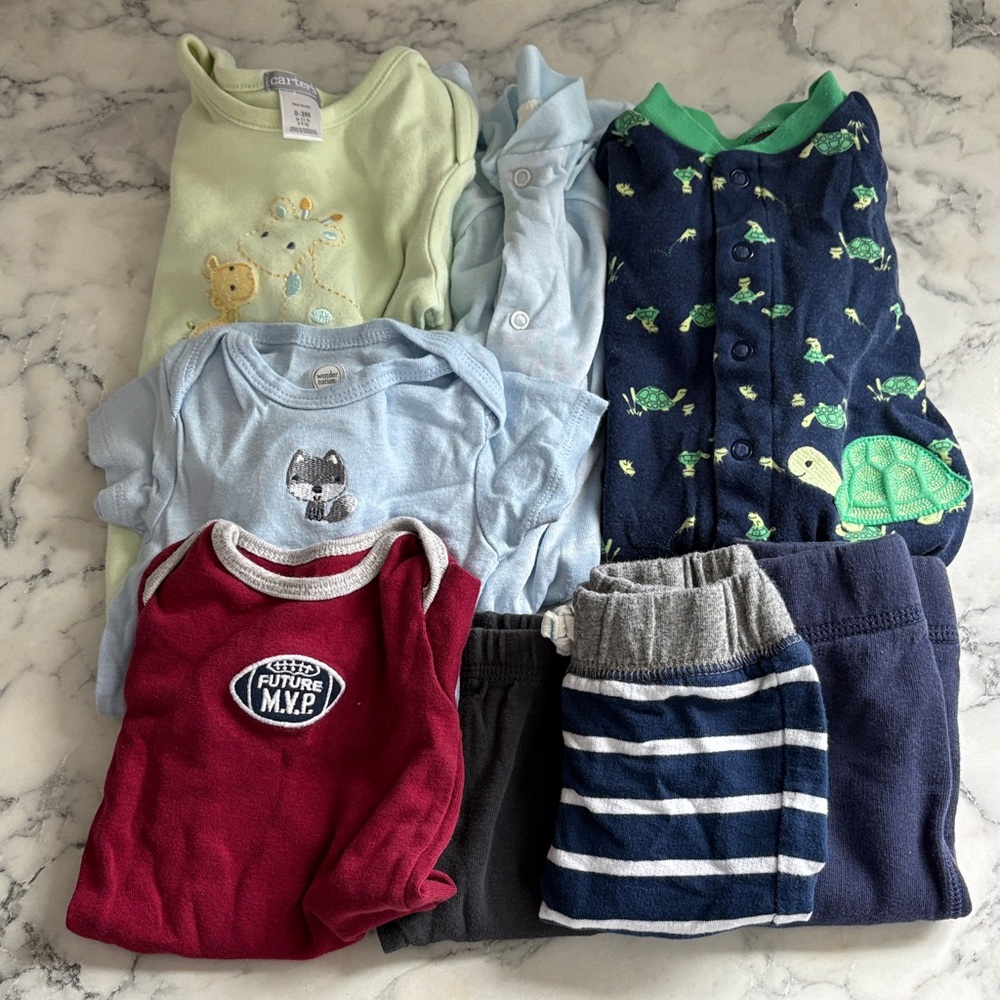 Carter's Bath Buddy, 3 Pants, 2 Full Body Onesies, 2 Onesies. Lot of 8